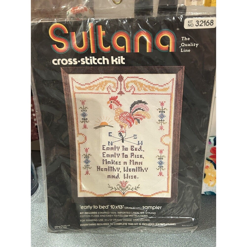 NIP VTG SULTANA Stamped Cross Stitch Early To Bed Country Rooster 32168